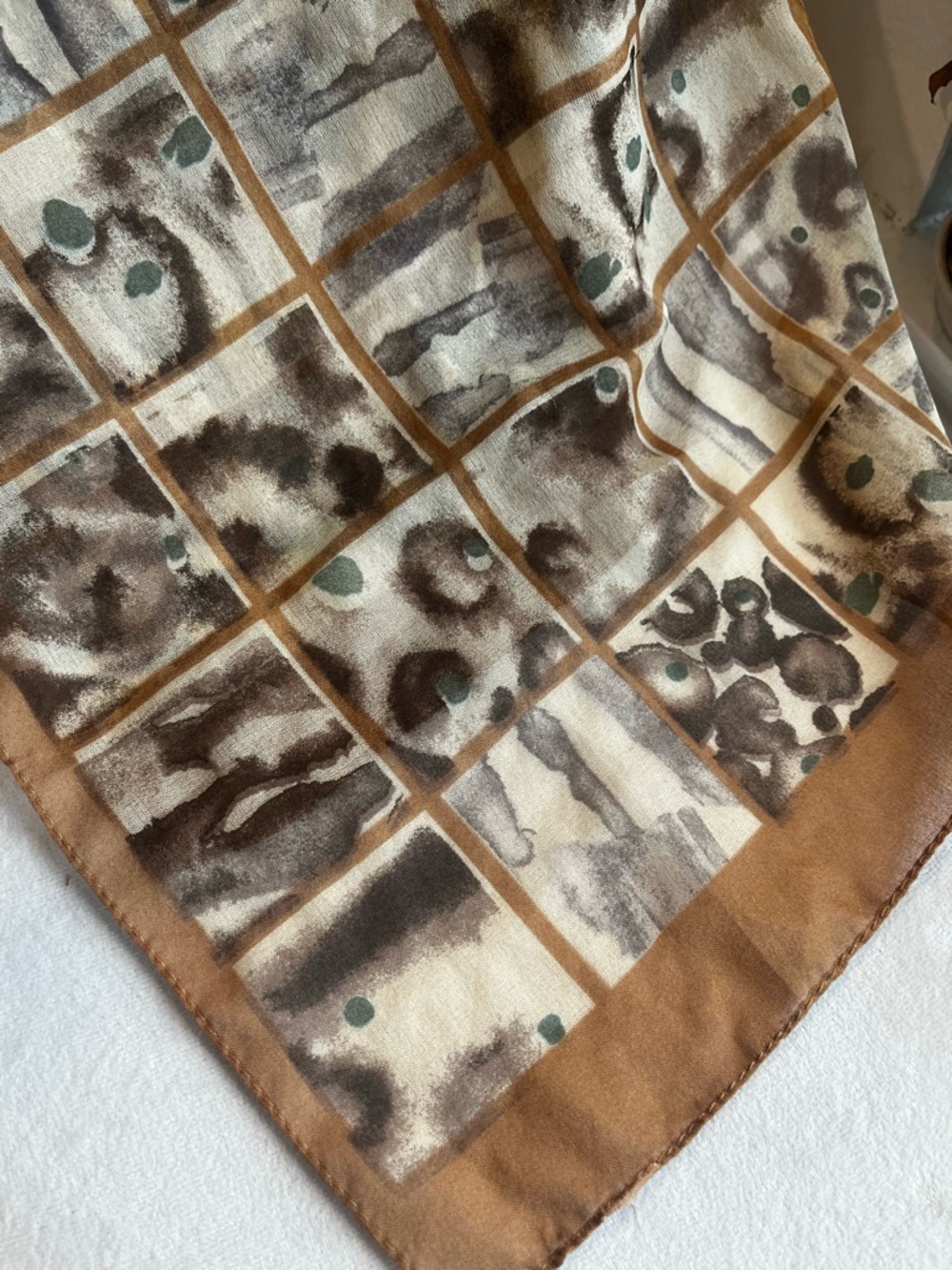 Abstract‎ Grid Print Silk Scarf in Brown and Cream